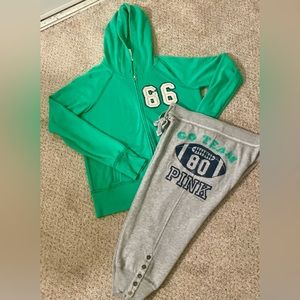 VS PINK VINTAGE MARCH 2008 RARE HTF CAMPUS HOODIE & CAPRI JOGGER SET BOTH SZ M